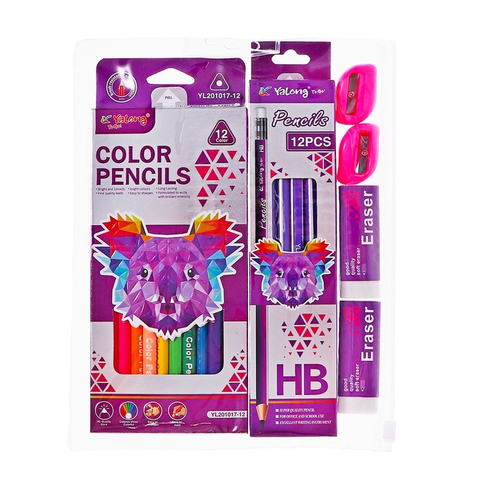 Набор карандашей цветных чернографитных Yalong, 12 штук, 2 точилки, 2 ластика, в папке на молнии, МИКС - Фото 1