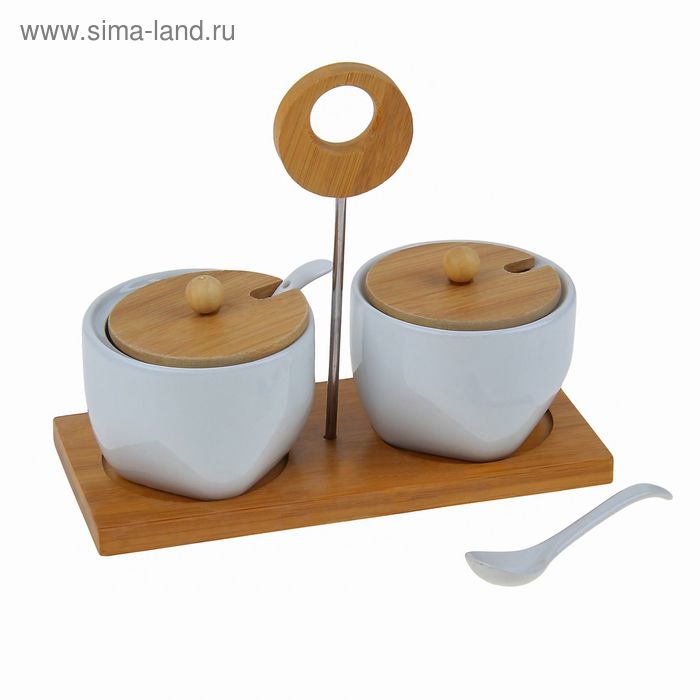 Набор банок керамических для сыпучих продуктов с ложками на деревянной подставке «Эстет», 2 предмета, 250 мл - Фото 1