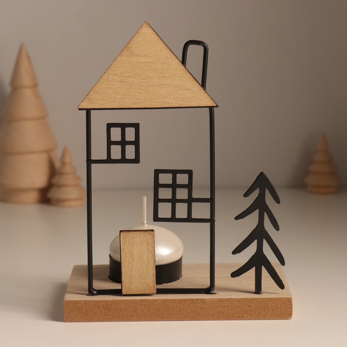 Подсвечник на 1 свечу «Ёлочка у домика», d=4 см, металл, дерево, 7.5×12×15.5 см - Фото 1