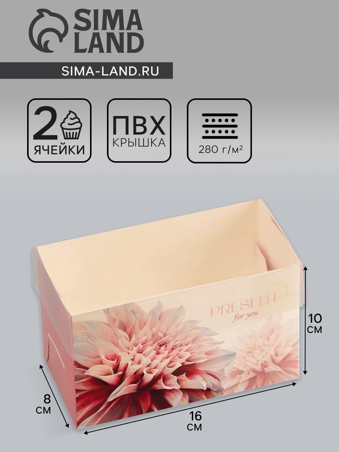 Коробка для 2 капкейка с прозрачной крышкой, «Презент», 16×8×10 см - Фото 1