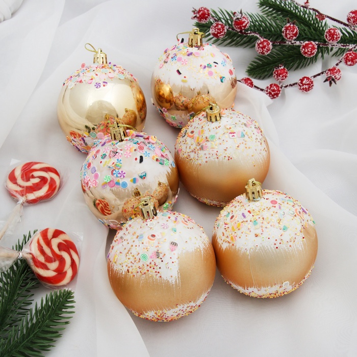 Ёлочные игрушки «Новогодний восторг», шары новогодние, d=8 см, набор 6 шт., золото - Фото 1