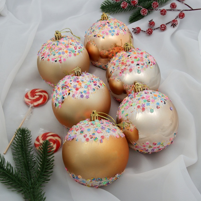 Ёлочные игрушки «Новогодний восторг», шары новогодние, d=10 см, набор 6 шт., золото - Фото 1