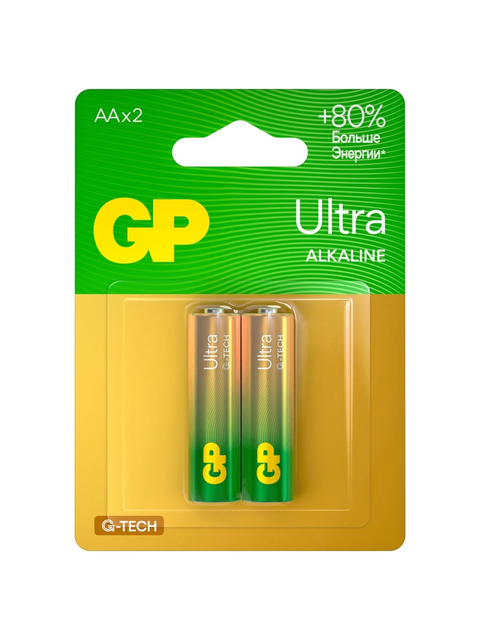 Батарейка алкалиновая GP Ultra, AA, LR6-2BL, 1.5 В, блистер, 2 шт. - Фото 1