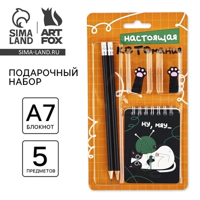 Подарочный набор канцелярский, ластики 2 шт., блокнот, карандаши «Настоящая котомания»