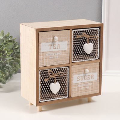 Шкатулка для украшений 4 ящика «Комодик с сердечками», дерево, 10×20×23 см