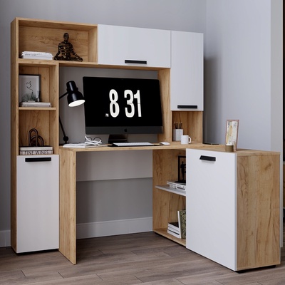 Стол компьютерный «Квартет – 13», с надстройкой, с пеналом, с тумбой, цвет дуб крафт золотой/белый