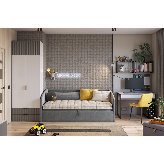 Детский спальный гарнитур «Зефир К4», комплект 6 предметов, 4015×1000×2300 мм, цвет белое дерево/серый эмаль/графит велюр - Фото 1