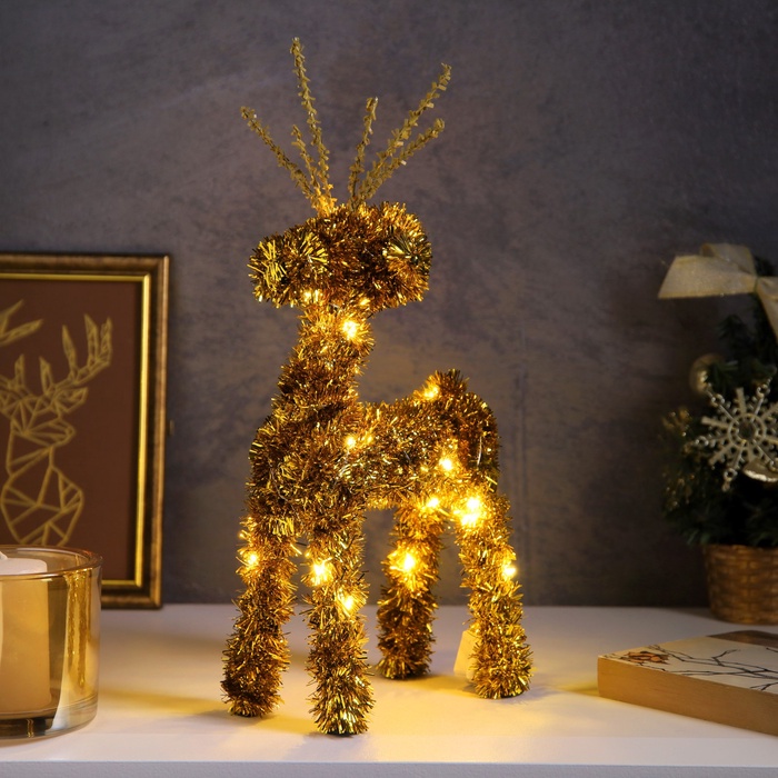 Светодиодная фигура из мишуры «Олень золотистый» 34×16 см, 20 LED, батарейки AG10×3 (в комплекте), свечение тёплое белое
