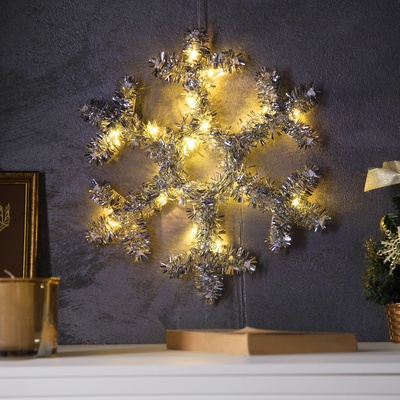 Светодиодная фигура из мишуры «Снежинка серебристая» 32×2 см, 20 LED, батарейки AG10×3 (в комплекте), свечение тёплое белое