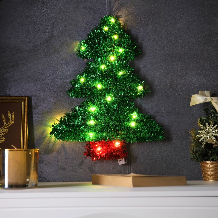 Светодиодная фигура из мишуры «Елочка зеленая» 36 × 28 см, 20 LED, батарейки AG10х3 (в комплекте), свечение тёплое белое