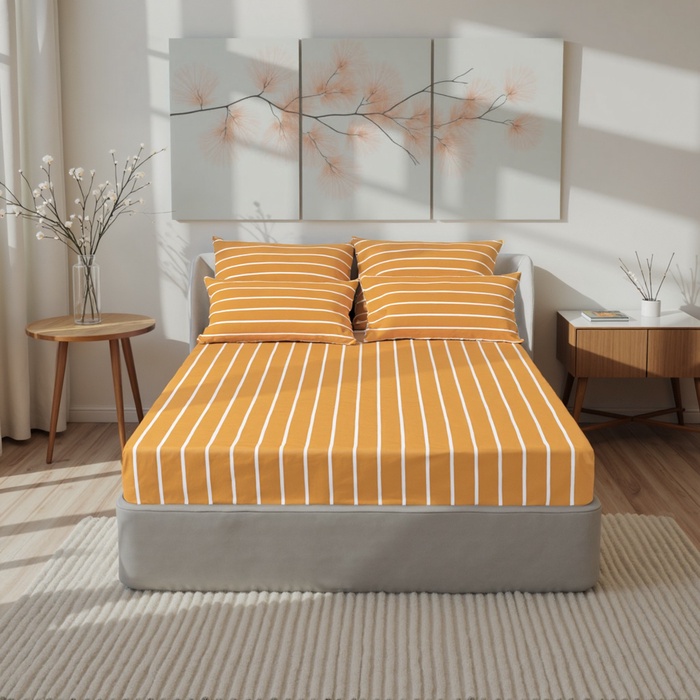 Простыня на резинке Этель 180*200*25 см " Mustard stripes", 100% хлопок, поплин, 125 гр/м2 - Фото 1