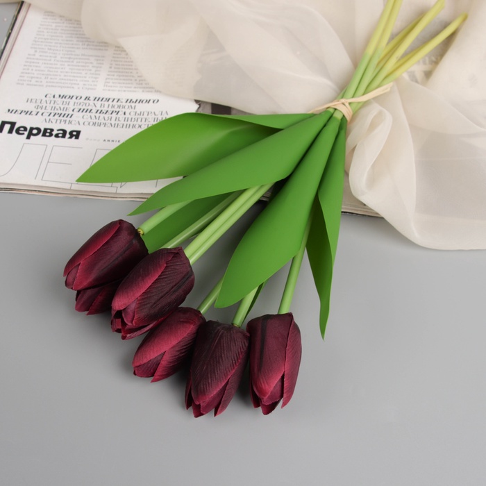 Цветы искусственные «Тюльпан люкс», h=32 см, 7 штук в связке, бордовые