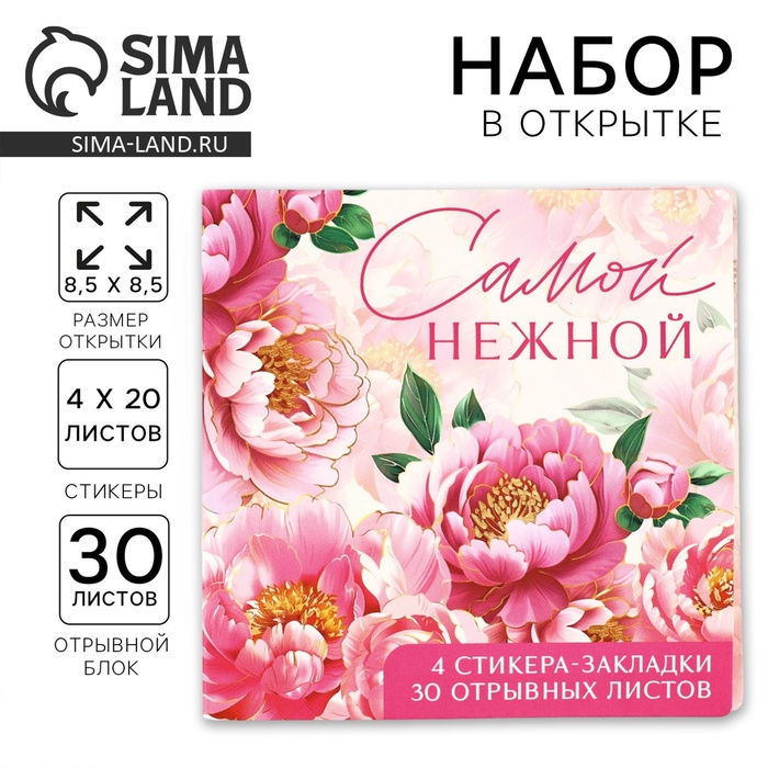 Подарочный набор, стикеры 4×20 л, отрывной блок 30 л., в открытке «Самой нежной» - Фото 1