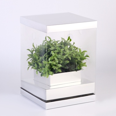 Коробка для цветов и букетов, с вазой и PVC окнами складная, 16×23×16 см, серебро