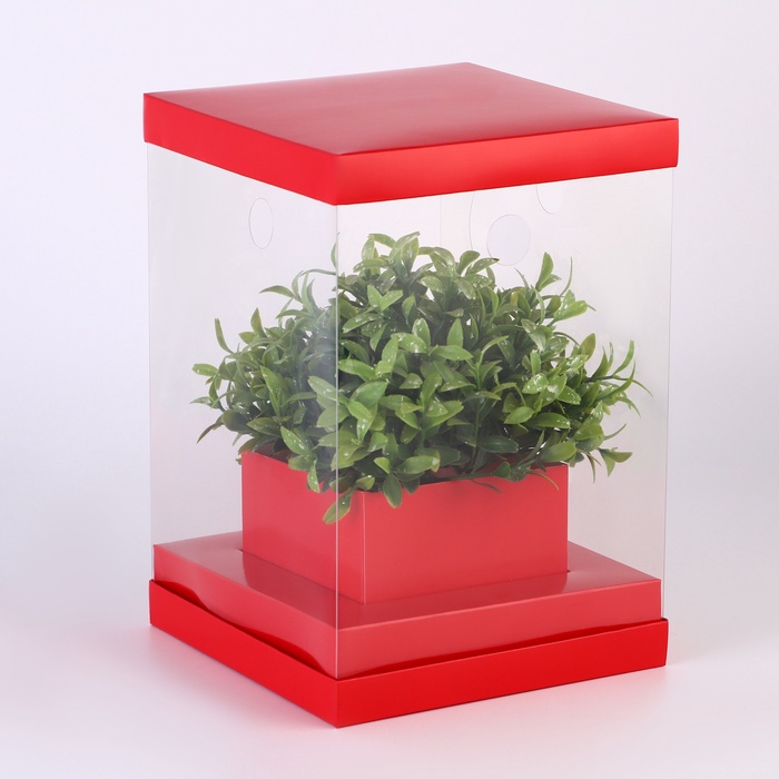 Коробка для цветов с вазой и PVC окнами складная, 16×23×16 см, однотонный, красный - Фото 1