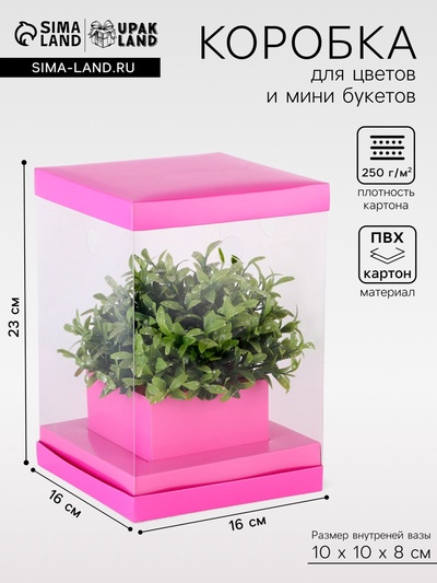 Коробка для цветов с вазой и PVC окнами складная, 16×23×16 см, однотонный, розовый