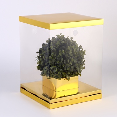 Коробка для цветов и букетов, с вазой и PVC окнами складная, 23×30×23 см, золото