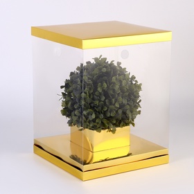Коробка для цветов и букетов, с вазой и PVC окнами складная, 23×30×23 см, золото
