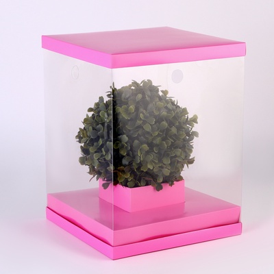 Коробка для цветов и букетов, с вазой и PVC окнами складная, 23×30×23 см, однотонный, розовый