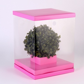 Коробка для цветов и букетов, с вазой и PVC окнами складная, 23×30×23 см, однотонный, розовый