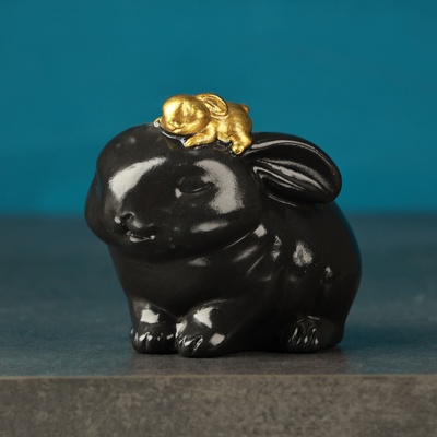 Декоративное кашпо для цветов «Зайчиха с зайчонком», h=9 см, гипс, черное, золотистое