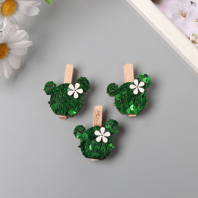 Декор для творчества дерево «Прищепка. Кактус с цветком», пайетки, набор 3 шт., 1.5×4×4.8 см