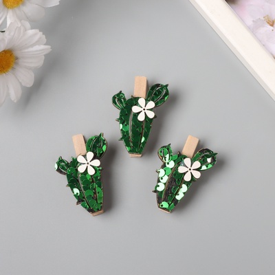 Декор для творчества дерево «Прищепка. Длинный кактус», пайетки, набор 3 шт., 1.5×3.4×4.8 см