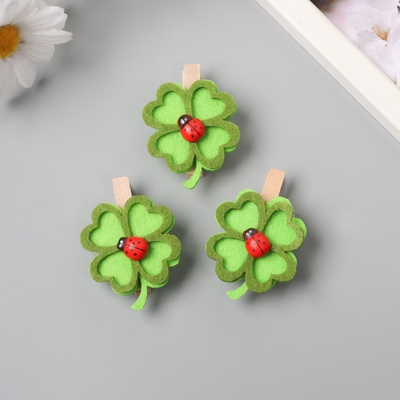 Декор для творчества дерево, фетр «Прищепка. Клевер и божья коровка», набор 3 шт., 1.7×4.6×5.5 см
