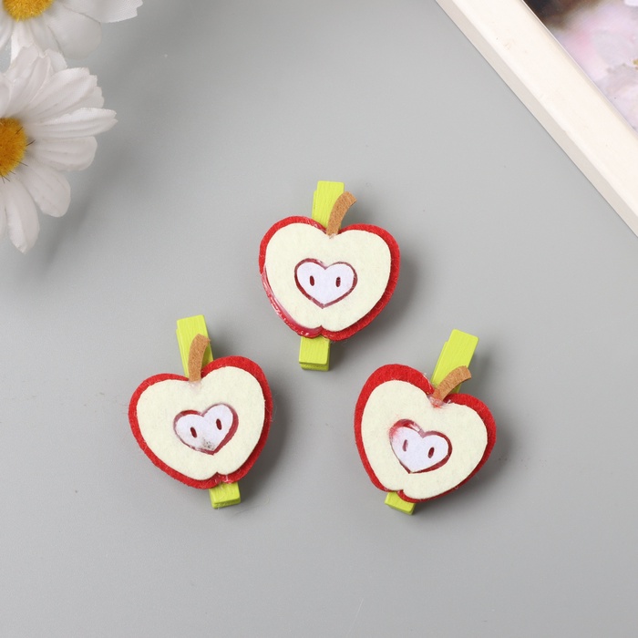 Декор для творчества дерево, фетр «Прищепка. Половинка яблока», набор 3 шт., 1.3×3.5×4.8 см - Фото 1