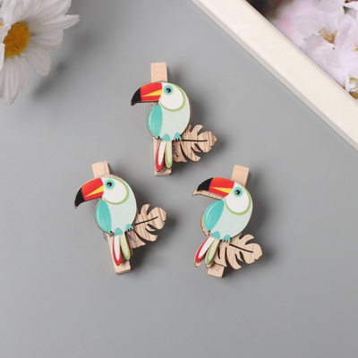 Декор для творчества дерево «Прищепка. Тукан на листе монстеры», набор 3 шт., 1.3×3.7×4.5 см