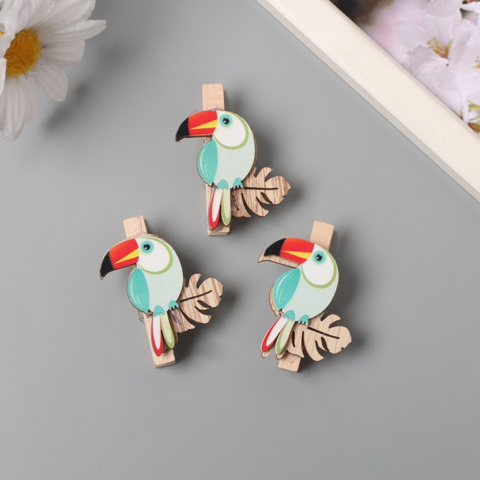 Декор для творчества дерево «Прищепка. Тукан на листе монстеры», набор 3 шт., 1.3×3.7×4.5 см - Фото 1