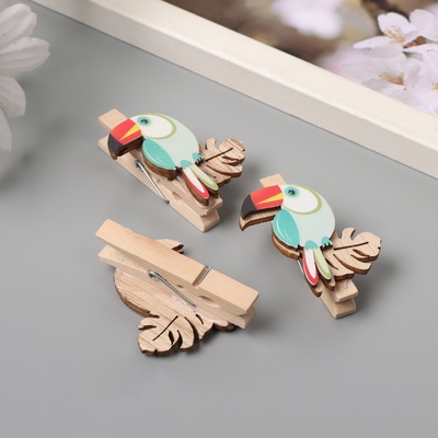 Декор для творчества дерево «Прищепка. Тукан на листе монстеры», набор 3 шт., 1.3×3.7×4.5 см