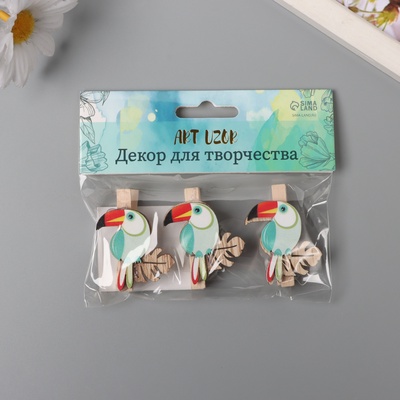 Декор для творчества дерево «Прищепка. Тукан на листе монстеры», набор 3 шт., 1.3×3.7×4.5 см