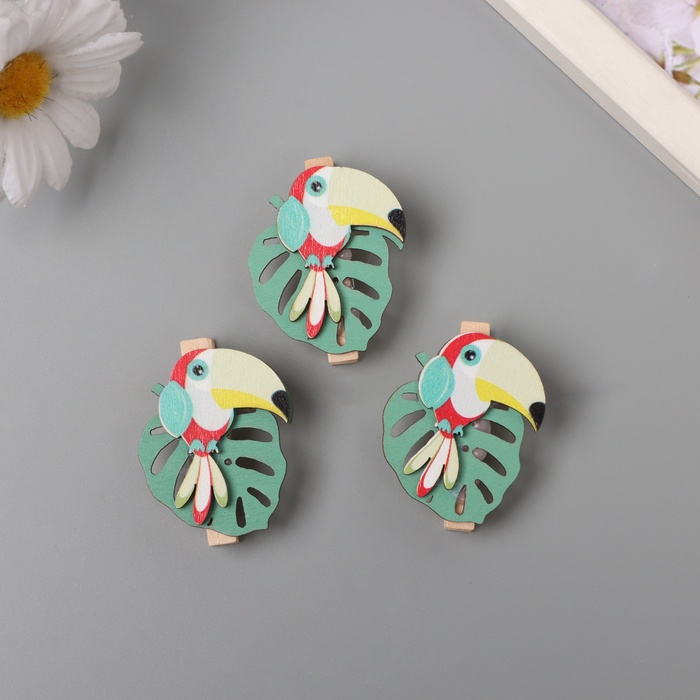 Декор для творчества дерево «Прищепка. Спящий тукан на листе», набор 3 шт., 1.3×3.3×4.5 см - Фото 1