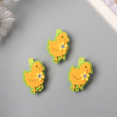 Декор для творчества дерево, фетр «Прищепка. Цыплёнок с цветочком», набор 3 шт. 1.8×3×5.1 см