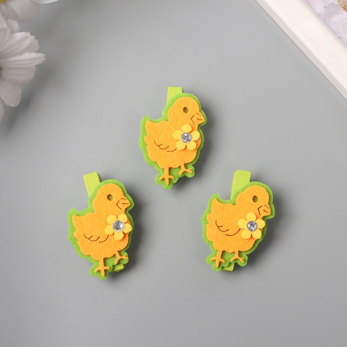 Декор для творчества дерево, фетр «Прищепка. Цыплёнок с цветочком», набор 3 шт. 1.8×3×5.1 см - Фото 1