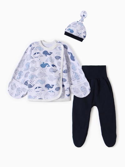 Комплект для новорожденного (шапочка/кофточка/ползунки) «Киты», цвет белый/синий, рост 62 см