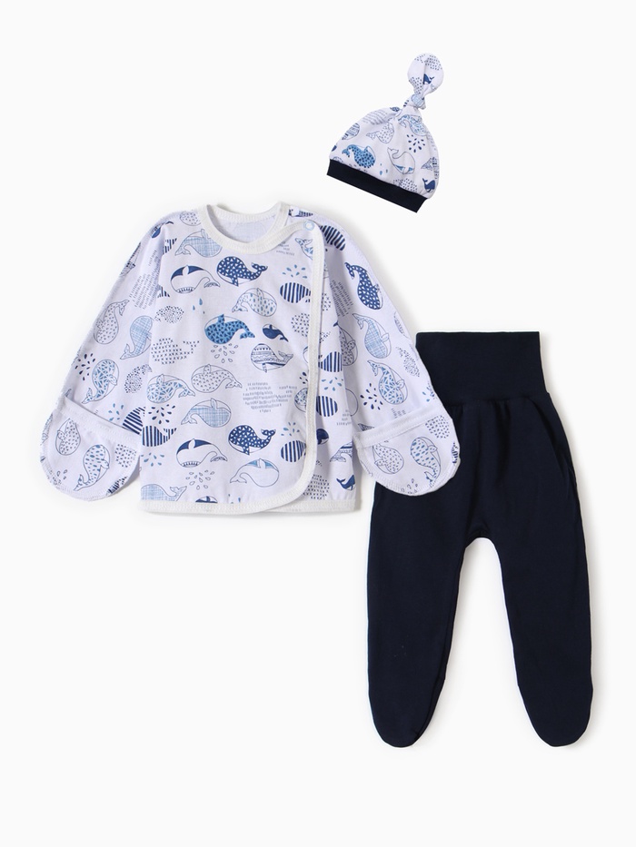 Комплект для новорожденного (шапочка/кофточка/ползунки) «Киты», цвет белый/синий, рост 62 см - Фото 1
