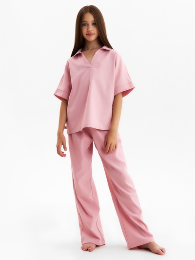 Комплект (рубашка и брюки) для девочки MINAKU, бежево-розовый, рост 140 см