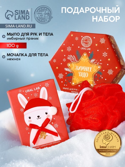 Новогодний подарочный набор косметики «Зимнее чудо»: мыло для рук кусковое 100 г и мочалка для тела, URAL LAB