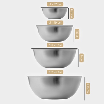 Миски-салатники Sphere, 950 мл, 1,55 л, 2,4 л, 3,4 л, с мерной шкалой, нержавеющая сталь, набор 4 шт, серебряные