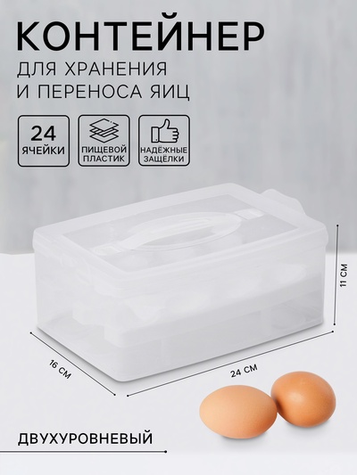 Контейнер для хранения яиц, 24 ячейки, двухуровневый, пластик, 24×16×11 см, белый