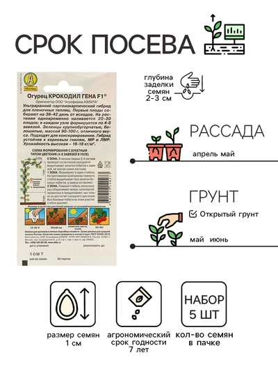 Набор семян Огурец «Крокодил Гена», F1, ультраранний, партенокарпический, 5 пакетиков, «Аэлита»