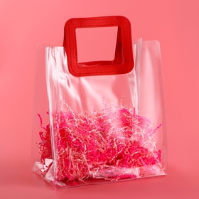 Пакет подарочный из ПВХ, прозрачный, красные ручки, 25×28×15 см