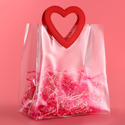 Пакет подарочный из ПВХ, прозрачный, красные ручки, 25×28×15 см