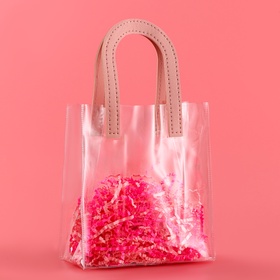 Пакет подарочный из ПВХ, прозрачный, розовые ручки, 17×15×8 см