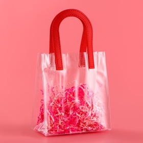 Пакет подарочный из ПВХ, прозрачный, красные ручки, 17×15×8 см