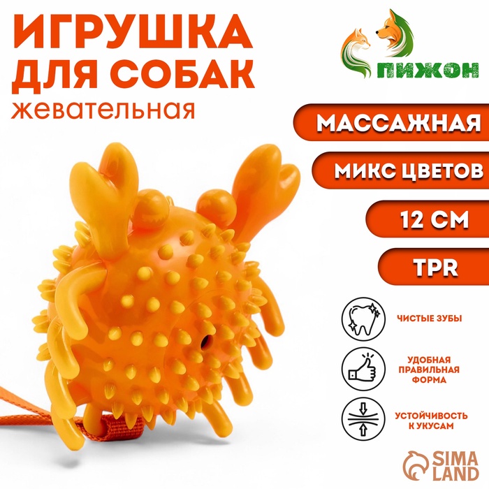 Игрушка массажная для собак Краб 12 см, ТПР, микс цветов