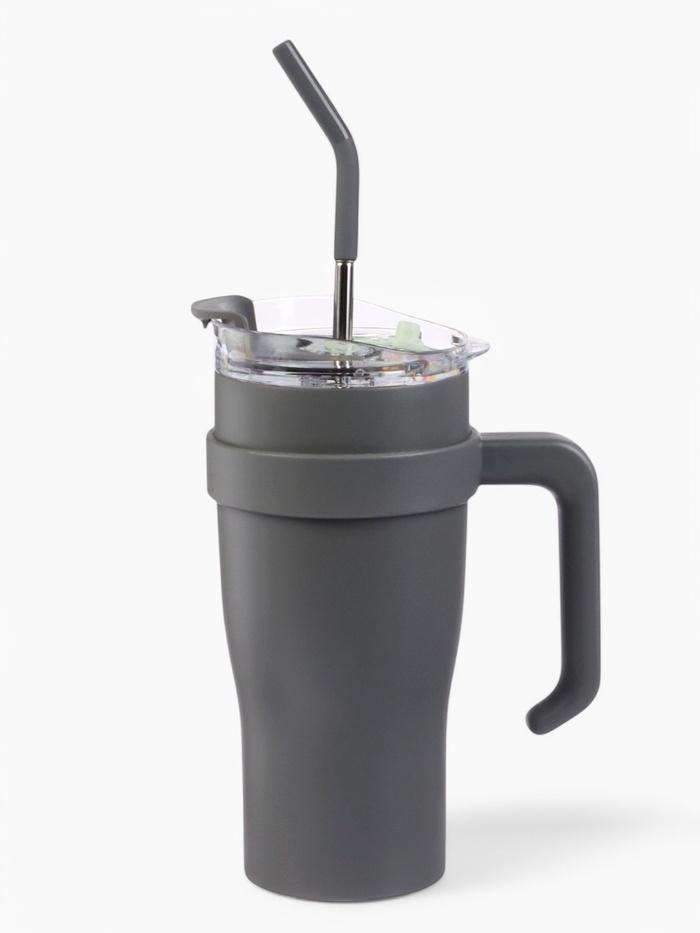 Термокружка, 900 мл, с трубочкой, сохраняет тепло 6 ч, нержавеющая сталь, серая - Фото 1