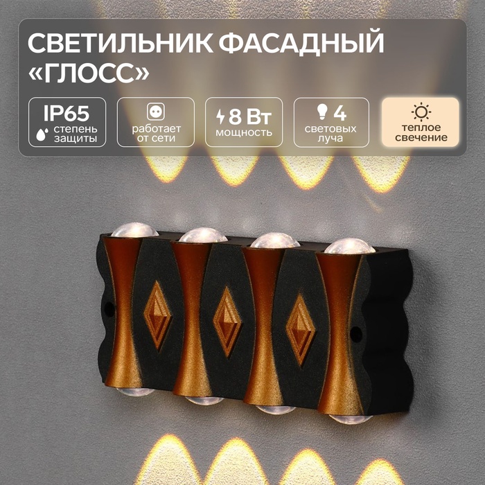 УЦЕНКА Светильник фасадный «Глосс», FSD-044, 8 Вт, 3000К, 4 луча, IP65, 220 В, пластик, черный 100 - Фото 1
